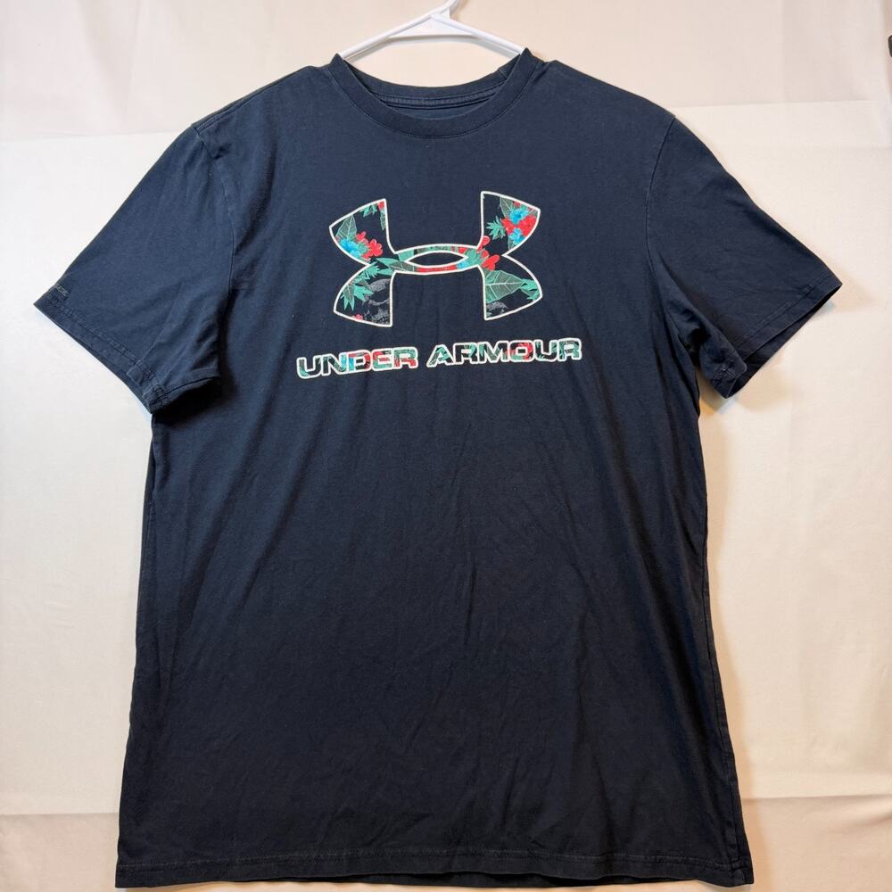 Under Armour HeatGear Floral Logo Graphic T Shirt Black Mens Size Medium